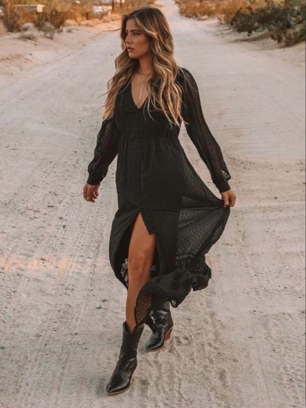 Black Long Sleeve Maxi Dress with Front Slit